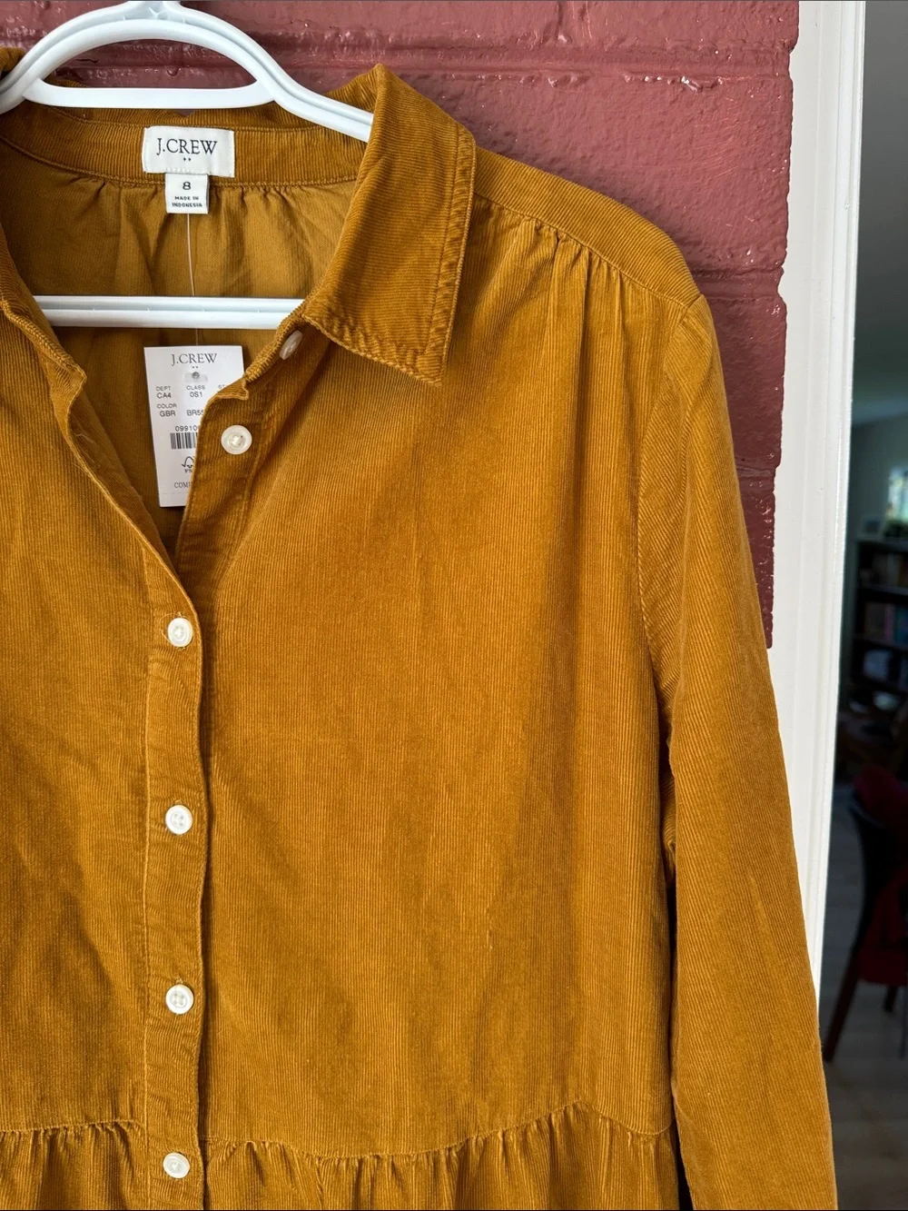 J. Crew NWT Mustard Yellow 100% Cotton Corduroy Tiered Button-Front Dress Size 8